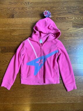 Gymboree Pink Hooded Zip Fleece with Blue Star Guitar Graphic and Pom-Pom